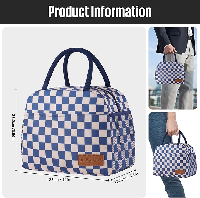 Lunch Bag Women/Men Lunch Box Women/Men (Blue+Beige Checkerboard)