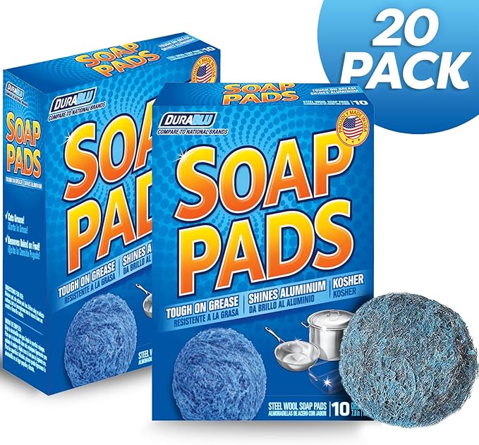 SCRUBIT 20 PK Steel Wool Soap Pads - [Updated Not-Kosher!] - Metal Scouring Cleaning Pads for Dishes, Pots and Ovens - Pre-Soaped scrubbing Pads for Easy Cleaning of Tough Kitchen Grease and Oil
