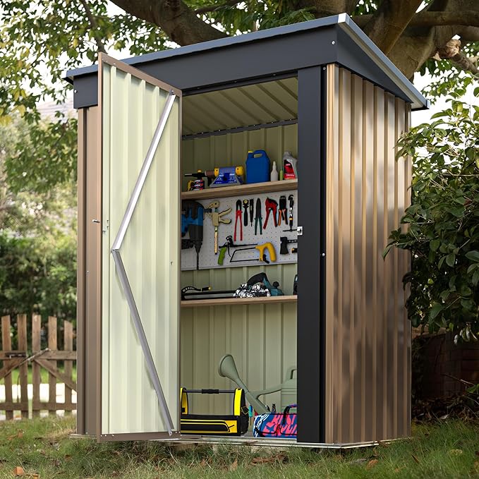 Devoko Outdoor Storage Shed 5 x 3 FT Lockable Metal Garden Shed Steel Anti-Corrosion Storage House with Single Lockable Door for Backyard Outdoor Patio (Brown)