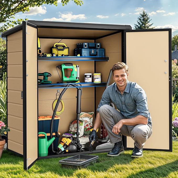 DWVO 54 cuft Outdoor Storage Shed with 2 Shelves, 4.2x2.6x5ft Vertical Tool Shed with Floor & Lockable Doors, Sturdy Double-Wall Plastic Cabinet for Garbage Cans and Garden Equipment (Brown)