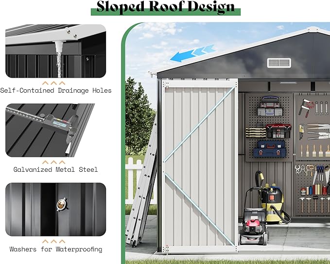 AMERLIFE 10x12x7 FT Outdoor Storage Shed with 2 Transparent Panels, Metal Garden Shed with Hinged Double Doors, 2 Windows & 4 Vents, Reinforced Steel Frame for Backyard, Garden, Dark Gray