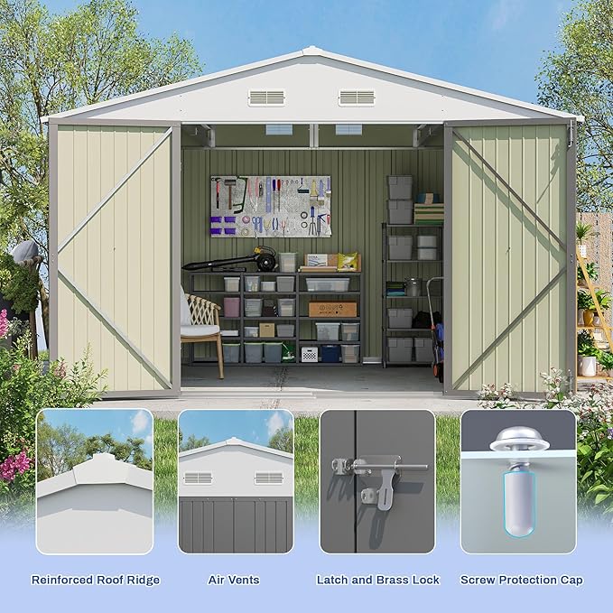 Patiowell 10x10 FT Storage Shed, Outdoor Metal Sheds with Lockable Door and Sloping Roof, Waterproof Outside Large Garden Tool Shed with Breathable Vents for Patio Lawn Backyard, Gray