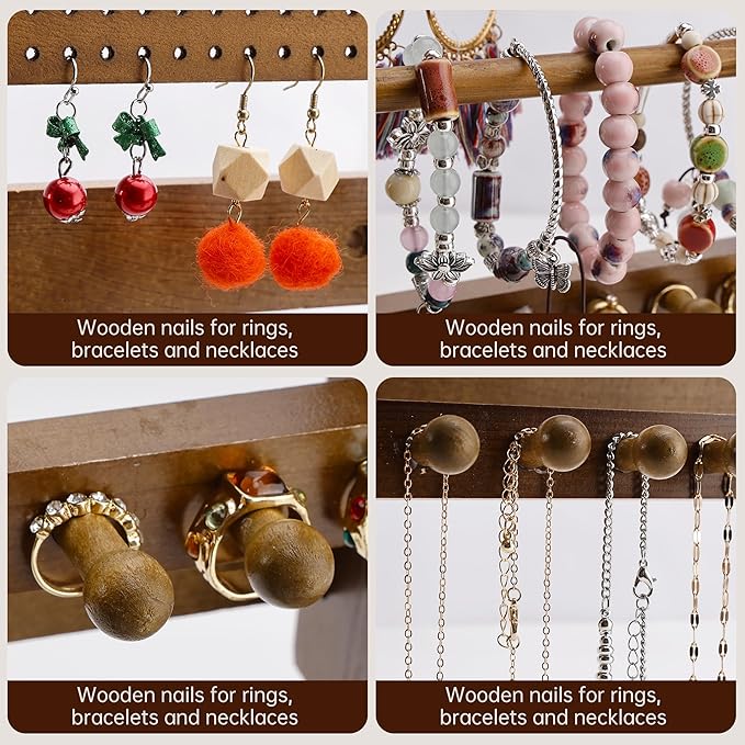 Wall Jewelry Organizer 6-Tier Bracelet Holder Jewelry Organizer Wall-Mounted Wooden Hanging Jewelry holder for Necklace Holder, Ring Display, & Earring Storage for Home or Gift