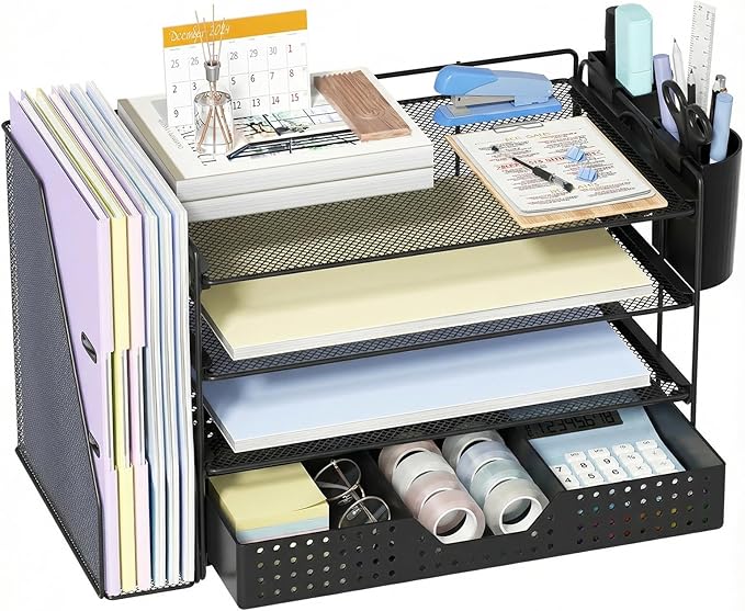 Desk Organizer, 4-Tier Paper Organizer Letter Tray with File Holder, Drawer and 2 Pen Holders, Desktop File Organizer for Office Supplies, Workspace Storage, Black