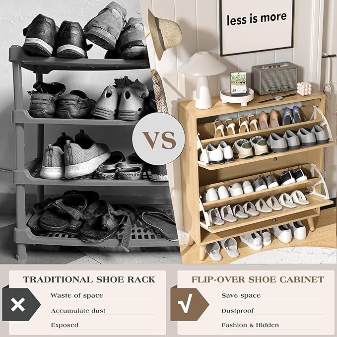 Shoe Storage Cabinet for Entryway with 2 Flip Drawers, Narrow Wood Shoe Cabinet with Fluted Panel, Freestanding Hidden Shoe Organizer for Foyer, Hallway (Wood Color)