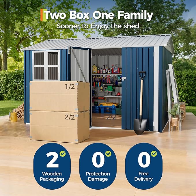 8x10 FT Outdoor Storage Shed,450CU.T Metal Tool Shed with Clear Window, Lockable Doors,Large Garden Storage Box with Sloping Roof，Sheds&Outdoor Storage for Backyard Garden Patio Lawn