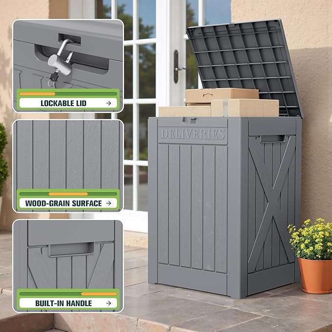 Greesum 52 Gallon Large Outdoor Package Delivery Box for Porch, Lockable Secure Double-Wall Resin Storage Bin, Waterproof Deck Container for Package Protection, Gray