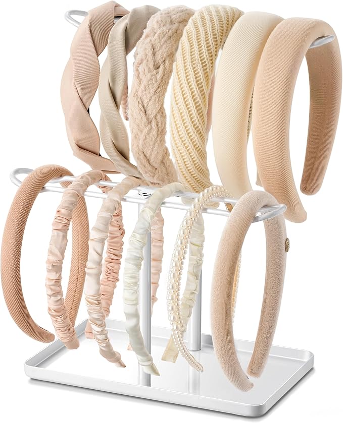 Headband Holder Organizer for Hair Accessories: Headband Storage Vanity Hair Clip Organizer, Two-Tier Stand with Storage Tray for Girls Women, Jewelry Necklace Rack for Vanity, Bathroom, White