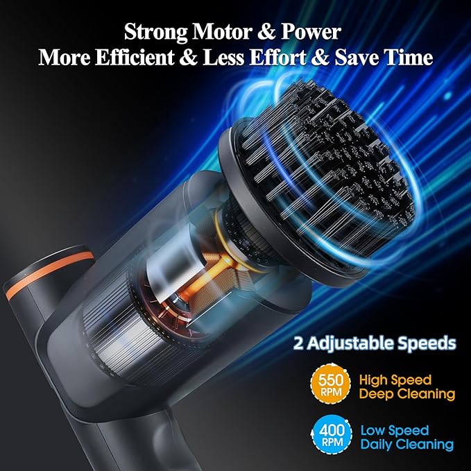 Electric Spin Scrubber, Bathroom Shower Scrubber with LCD Display, 2 Speeds Electric Scrubber for Cleaning with 6 Replaceable Heads, 4-Hour Runtime‌, Cleaning Brush for Kitchen/Car, Gray-Black