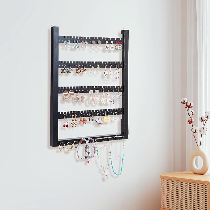 Solid Wood Earring Hanging Jewelry Organizer Wall Mounted Earring Organizer and Necklace Holder- Earring Display for studs, dangling, Necklace, Bracelet, and Rings-Black Color