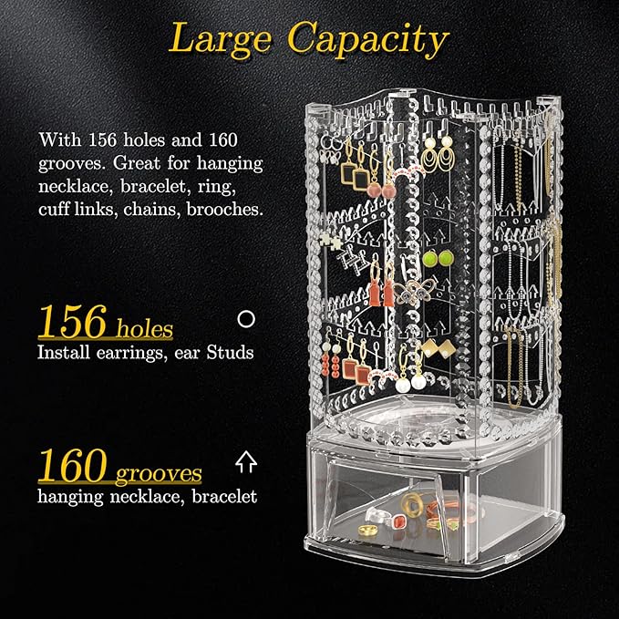 Hanging Jewelry Organizer with 10 Silver Polishing Cloths, Jewelry Holder with 156 Holes and 160 Grooves for Earring, Necklaces, Bracelet with Rotating Hanger, Easy Assembly (Clear)
