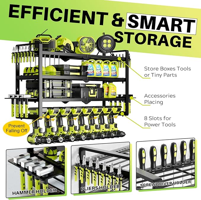 Heavy Duty Wall Mount Tool Organizer - 8 Drill Holder Storage Rack, 4-Tier Garage Organization System, 300lb Capacity Metal Tool Storage