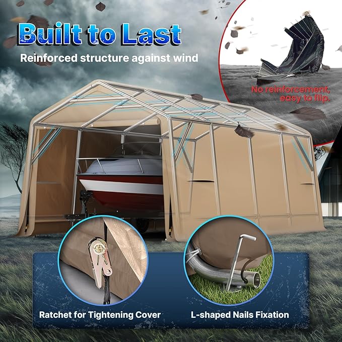 ADVANCE OUTDOOR Heavy Duty Carport 10X20 ft Outdoor Patio Portable Canopy Storage Shelter Shed with 2 Rolled up Zipper Doors & Vents for Snowmobile Garden Tools, Beige