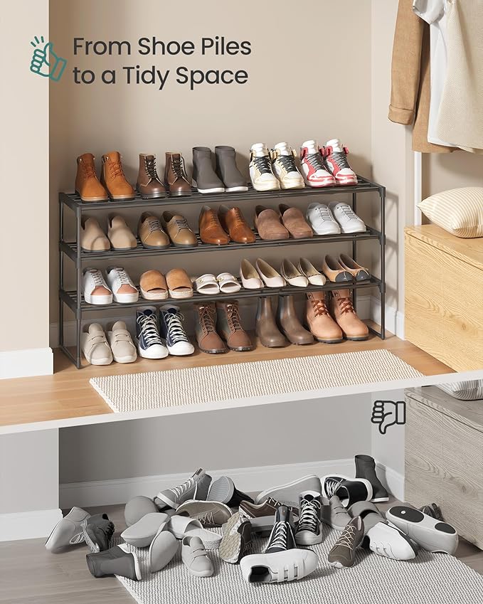 SONGMICS Shoe Rack, 3-Tier Shoe Organizer, Metal Storage Shelf, Upright or Upside Down, for 20-24 Pairs, Stackable, for Entryway, 11.8 x 46.1 x 21.7 Inches, Black ULSA033B01