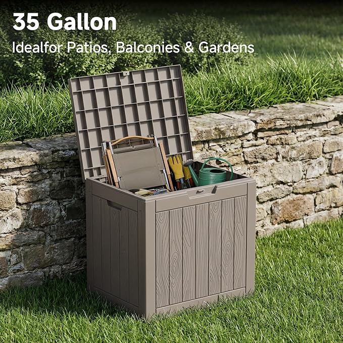 35 Gallon Outdoor Deck Box,Waterproof Resin Outdoor Storage Boxes, Outside Storage Lockable Container for Garden Tools,Indooor Cushions,Accessories (Grey)