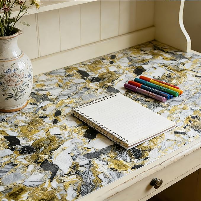 Drawer and Shelf Liner - Yellow Black Marble Pattern,Non Adhesive Non Slip Waterproof Easy-Clean Liner for Kitchen Cabinet, Refrigerator, Bathroom, Pantry Storage Drawers, 12 in x 20 Ft