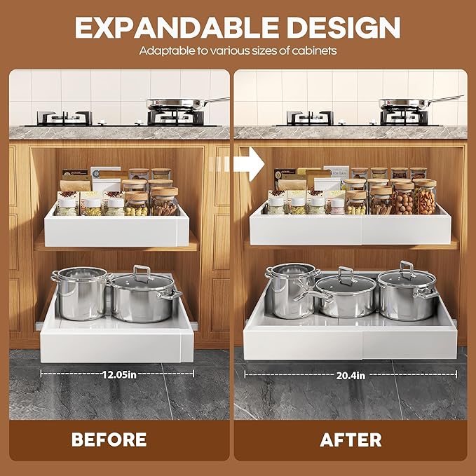 2Pack Expandable Pull Out Cabinet Organizer 21"Deep With Raising Pad for Framed Cabinets, Upgrade 3 Slide Rails Slide Out Drawers, Roll Out Shelves Adhesive,Adjustable Width 12.05"-20.4"White