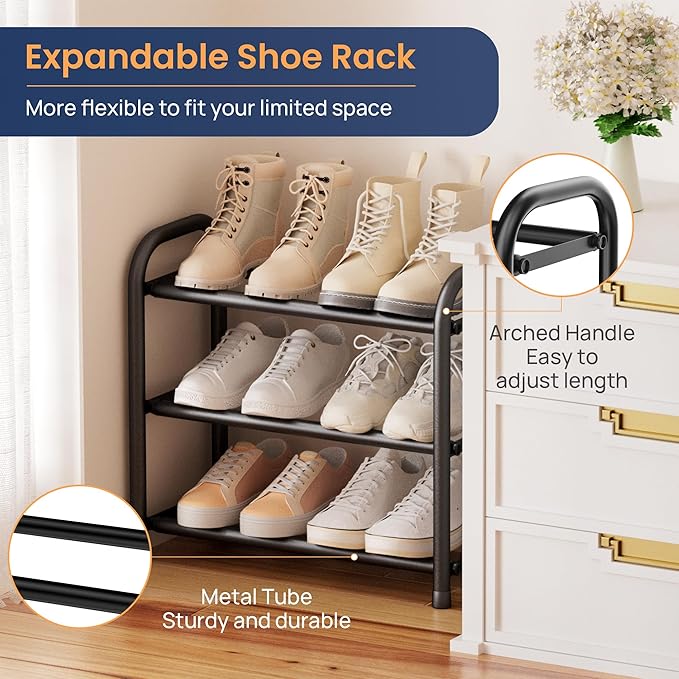 ENJOYBASICS Expandable Shoe Rack, 3 Tier Adjustable Shoe Organizer Shelf for Closet, Black Metal Free Standing Shoe Rack Storage for Small Space, Entryway | Adjustable, for Closet, Shoe Rack Storage, for Small Space, Entryway