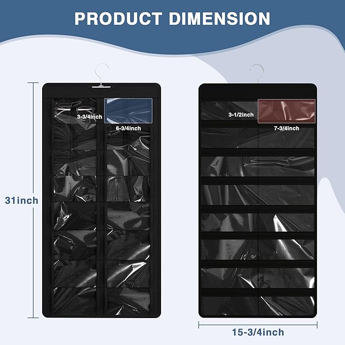 Hanging Sunglasses Organizer and Storage, Dual-Sided Sunglasses Case and Jewelry Holder, Wall-Mounted, 32 Clear Slots, Dust-Proof, Roof Design for Travel, Black