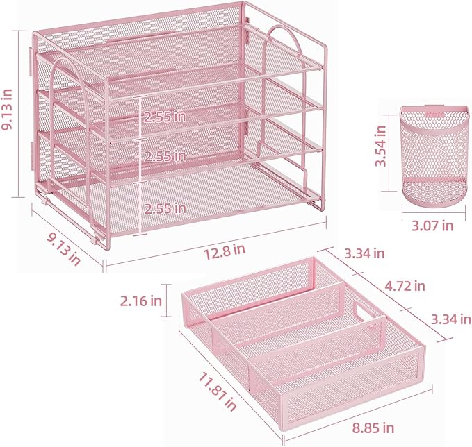 Marbrasse Desk Organizer and Accessories4-Tier Paper File Letter Tray Accessories & Workspace Desk Organizers with Drawer and 2 Pen Holders for School Home Office Supplies(Pink)-2P
