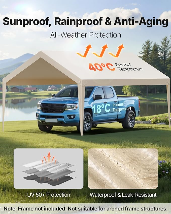 VEVOR Carport Replacement Canopy Cover, 12 x 20 ft Potable Garage Tent Top Tarp, UV-Resistant & Waterproof Car Shelter Tarp, Heavy Duty Car Port Cover with Ball Buggees, Beige, Frame Not Included