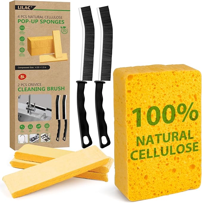LILAC 6 Pcs Deep Cleaning Set: 2 Pack Stiff-Bristle Crevice Cleaning Brushes & 4 Pack Compressed Natural Cellulose Sponges, Gap Cleaner Scrubber Tool for Window Tracks, Tile, Kitchen, Bathroom