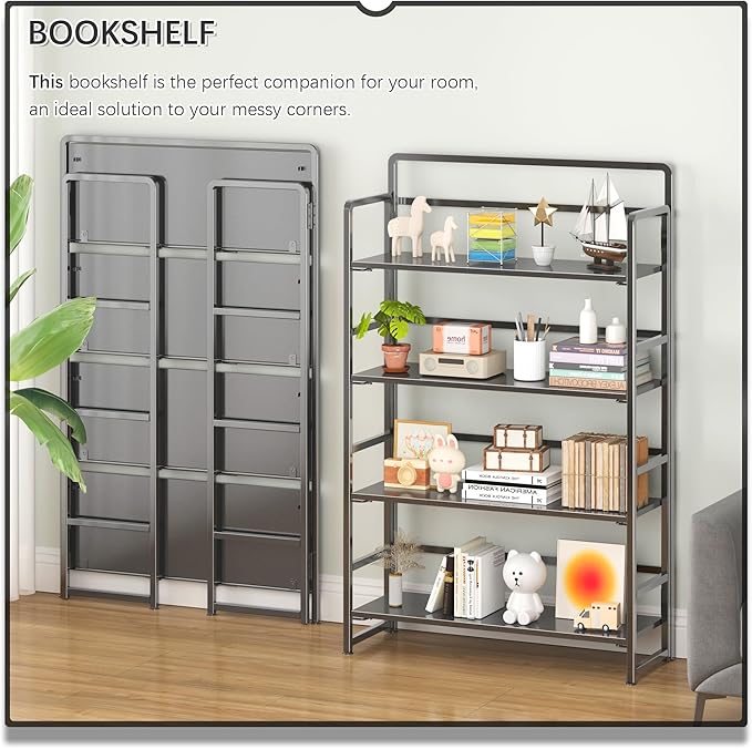 4NM No Assembly Extra Wide 4 Tiers Folding Bookshelf Storage Shelves Vintage Bookcase Standing Racks Study Organizer Home Office (All Black)