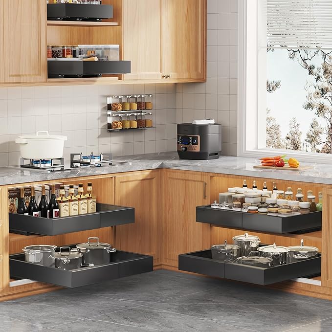 2Pack Expandable Pull Out Cabinet Organizer 21"Deep with Raising Pad for Framed Cabinets, Upgrade 3 Slide Rails Slide Out Drawers, Roll Out Shelves Adhesive,Adjustable Width 12.05"-20.4"Black