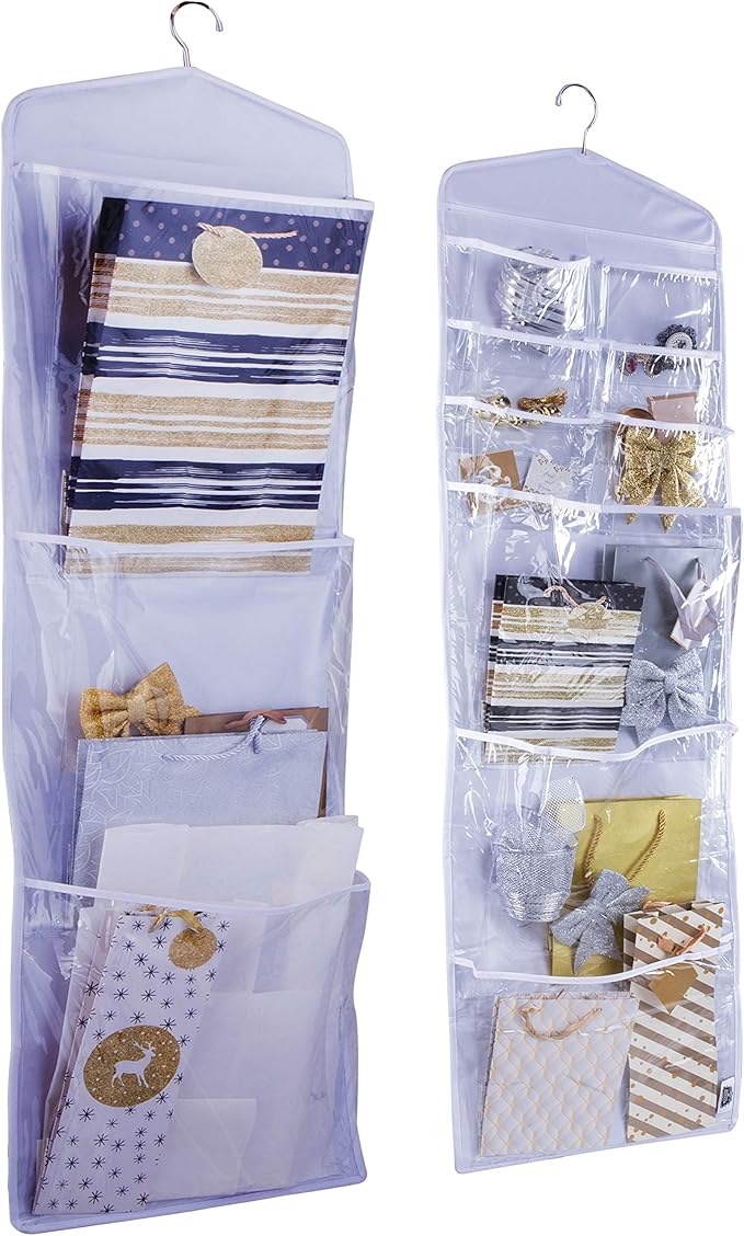 Large Double-Sided Hanging Gift Bag Organizer and Tissue Paper Holder (White)