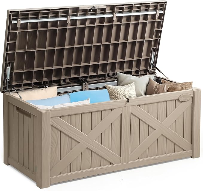 YITAHOME 150 Gallon Large Outdoor Storage Box with X-Shaped Front, Waterproof Resin Deck Box Cushion Storage Bench for Patio, Pool Supplies, Garden Tools- Lockable, Taupe