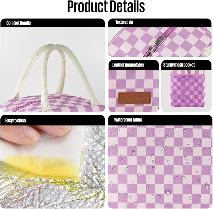 Lunch Bag Women/Men Lunch Box Women/Men (Purple+Pink Checkerboard)