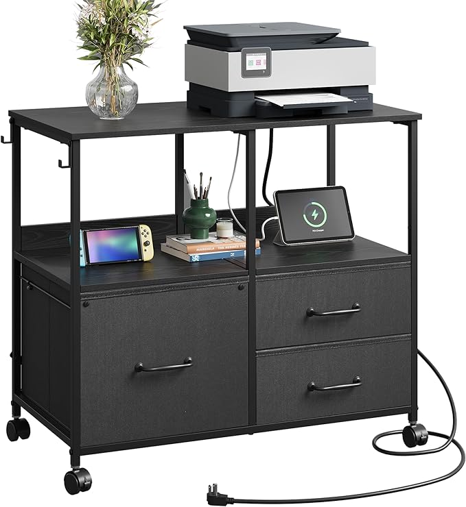 DEVAISE 3 Drawer Mobile File Cabinet, Rolling Printer Stand with Storage Shelf, Fabric Lateral Filing Cabinet fits A4 or Letter Size, Adjustable Shelf for Home Office, Black