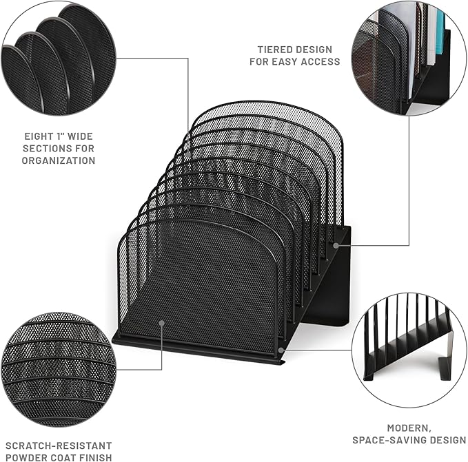 Safco Onyx Desk Organizer, 8 Tiered Vertical Compartments, Office and Classroom Mailbox , Paper and Mail Sorter, Steel Mesh, Black | 8 Tiered