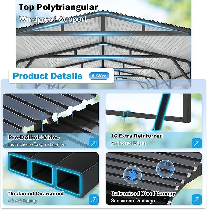 Carport Canopy 20’X30’ Heavy Duty Car Port Galvanized Steel Roof, Reinforced Stable Triangle Frame for Snowy Windy Metal Carports Enhanced Base Car Tent for Car,RV,Pickup,Boat,Truck,Tractor