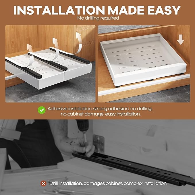 6Pack Expandable Pull Out Cabinet Organizer 21"Deep With Raising Pad for Framed Cabinets,Slide Out Drawers with 4pcs Divider Racks,Roll Out Shelves Adhesive,Adjustable Width 12.05"-20.4"White