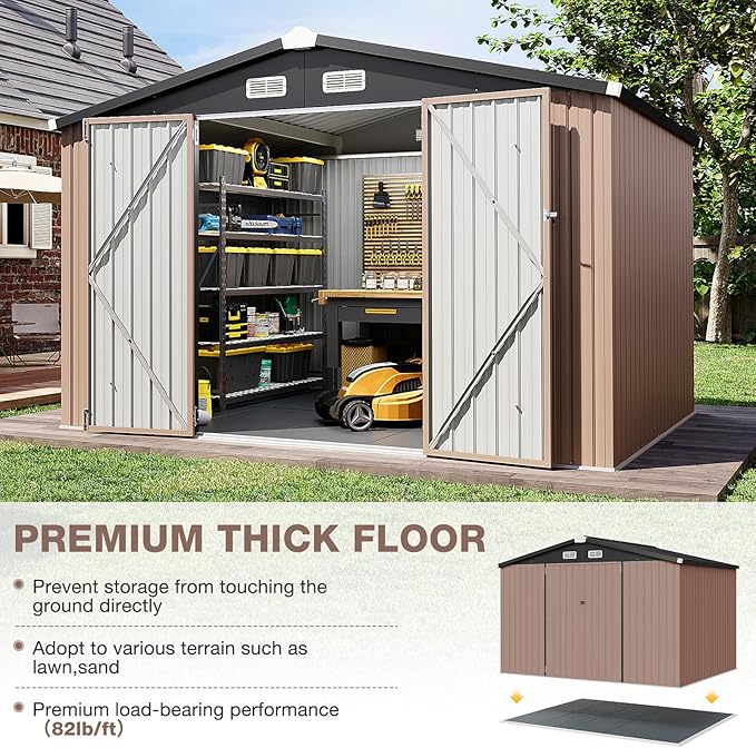 Aoxun Outdoor Storage Shed with Floor - 10x8 FT Metal Shed with Lockable Doors & Air Vents, Waterproof Outside Storage Shed for Tool, Garbage Can, Bike, Mower, for Backyard Garden Patio, Brown