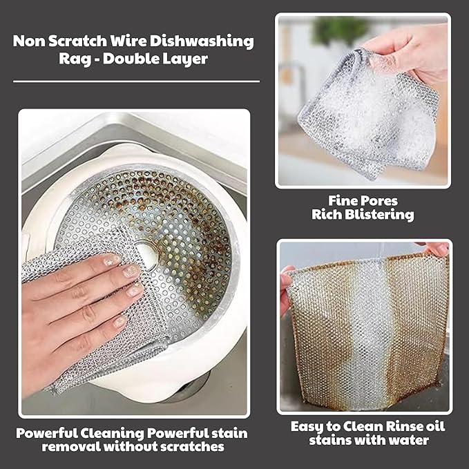 CrafTreat Non Scratch Wire Dishwashing Rag, 10 Pack Double Layer Reusable Wire Dishcloth, Silver Mesh Metal Cleaning Cloth for Pots, Pans, Sink, Steel Cookware, Wet & Dry Cleaning