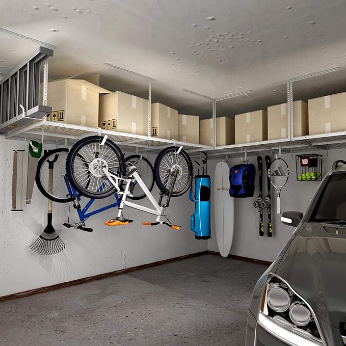 FLEXIMOUNTS 4x8 Overhead Garage Storage Rack, Adjustable Organization System, Heavy-Duty Metal Ceiling Racks, 2 pack, White, Classic Series