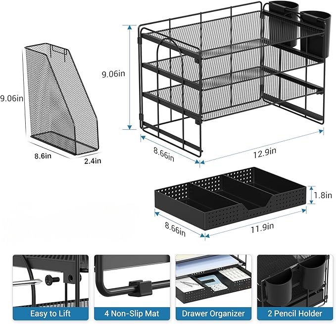 Desk Organizer, 4-Tier Paper Organizer Letter Tray with File Holder, Drawer and 2 Pen Holders, Desktop File Organizer for Office Supplies, Workspace Storage, Black
