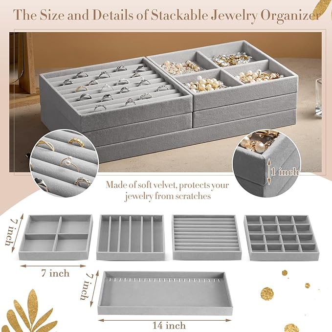 Set of 10 Stackable Jewelry Organizer Trays for Drawer 14 Inch Velvet Jewelry Drawer Insert Display Storage with Removable Divider for Necklace Earring Ring Watch Bracelet (Gray)