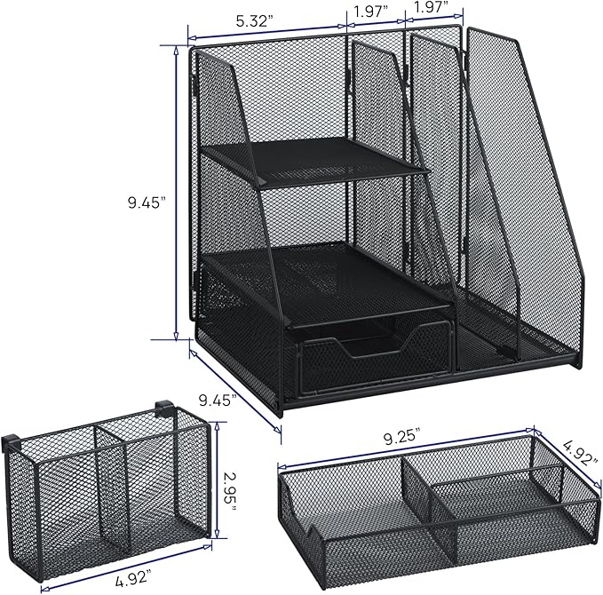 Topwey Desk Organizer, File Organizer for Desk with 2-Tier Paper Letter Tray, Drawer and 2 Pen Holder, Mesh Desktop Organization with Magazine Holder for Office Supplies