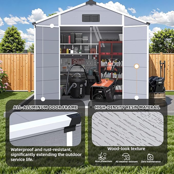 MELLCOM 8 x 10 FT Resin Outdoor Storage Shed with Floor, Outdoor Storage Tool Shed with Windows and Lockable Door, Resin Garden Shed for Garbage Can, Lawnmower, Bike