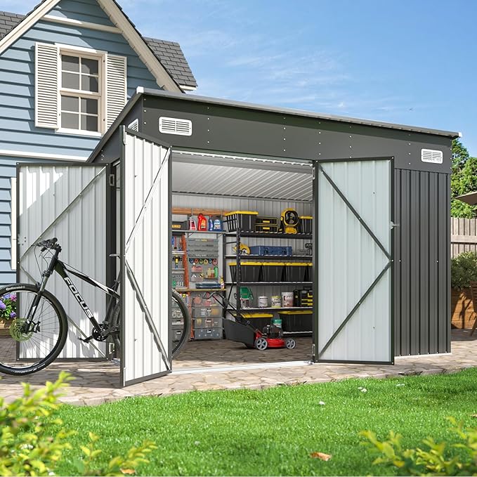 Aoxun 9.4'x7.3' Triple Door Shed Outdoor Storage Shed with Three Lockable Door for Easily Accessing Metal Storage Cabinet with Slopping Roof for Tools Bicycles Storage for Garden, Backyards (Black)