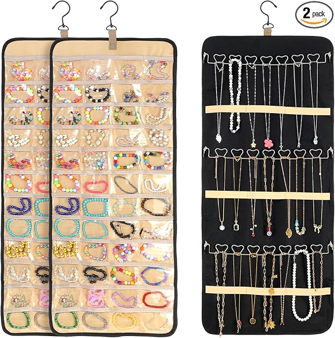 2 Pack Hanging Jewelry Organizer Storage Roll, with 96 Pockets 42 Necklace Hooks 33”x14” Double Sided Wall Mount Earring Holder Large Bracelet Display Hanger Storage Bag for Closet Door