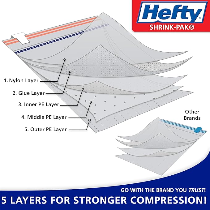 Hefty Shrink-Pak - 4 Large Vacuum Storage Bags for Clothes, Pillows, Towels, or Blankets - Space Saver Vacuum Sealer Bags Ideal Under Bed Storage Solutions