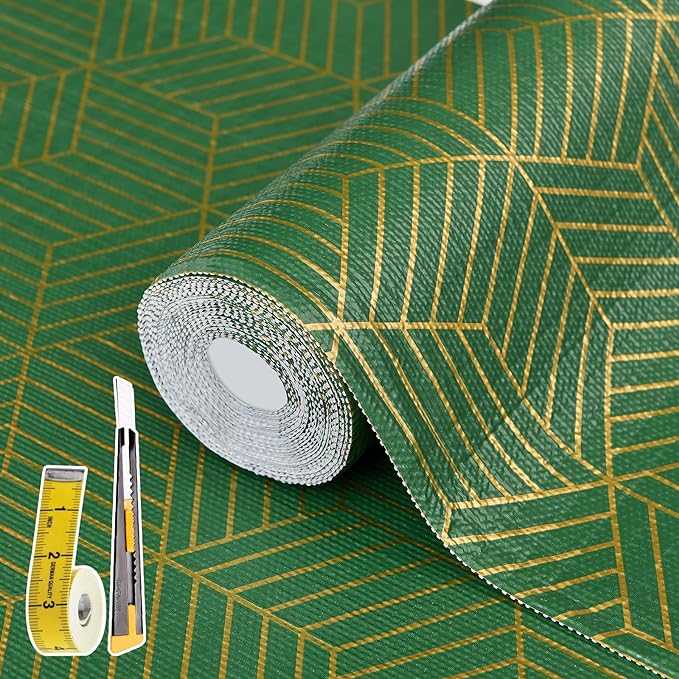 Shelf Liners for Kitchen Cabinets 12in x 30FT, Non Adhesive Cabinet Liner Strong Non-Slip Thickened Gold Green Geometric Drawer Liner, Easy to Clean for Shelf, Cabinet with Knife and Tape Measure