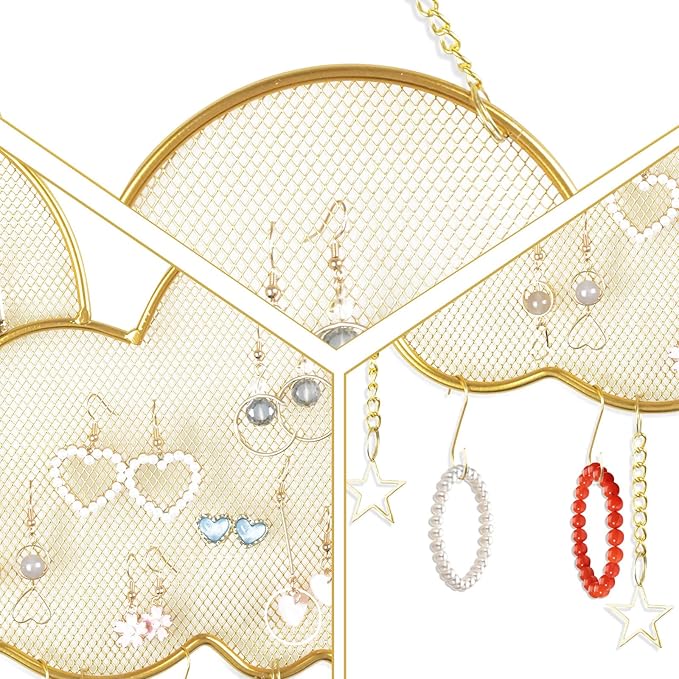 WCHOSOZH Hanging Earring Holder Organizer, Metal Wall Mounted Jewelry Holder with 6PCS Hanging Hooks, Moon Cloud Shape Necklace Display Rack and Storage for Earrings Necklace Bracelet (Gold)