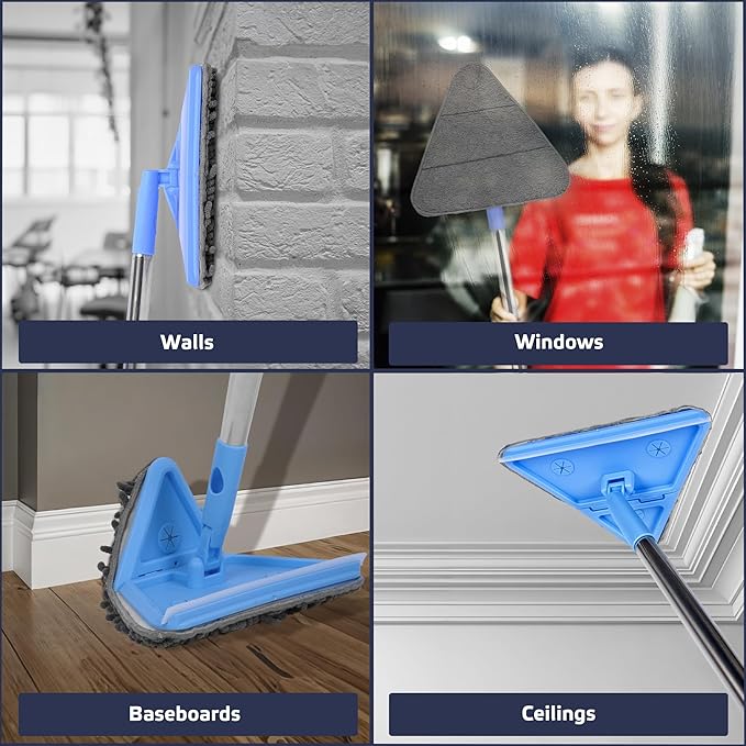 DSV Standard Wall Mop, 77 Inches Long Handle Wall Cleaner with Squeegee, 3-in-1 Wall Cleaner Mop with 3 Microfiber and 3 Chenille Pads, 360° Wall Cleaning Tool for Ceiling, Baseboard, Window, Floor