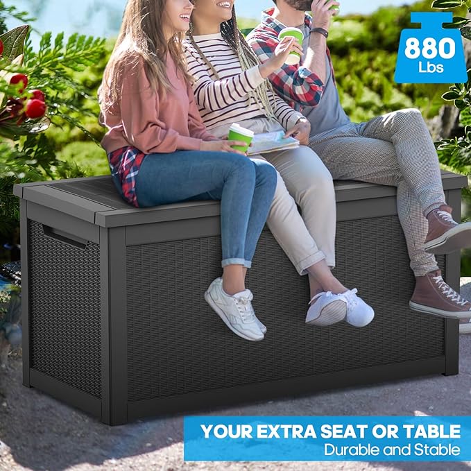 Outdoor Storage Box Waterproof, 320 Gallon Large Lockable Deck Box, Patio Storage Bin Bench for Pool Accessories Cushion Furniture, Garden Tools, UV-Resistant Outside Delivery Black
