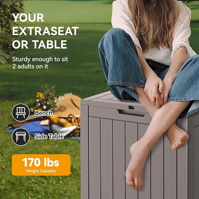 32 Gallon Outdoor Storage Box, Resin Deck Boxes Outdoor Waterproof For Patio Furniture, Garden Tools, Pool Supplies, Lockable And UV Resistant (Striped Gray)
